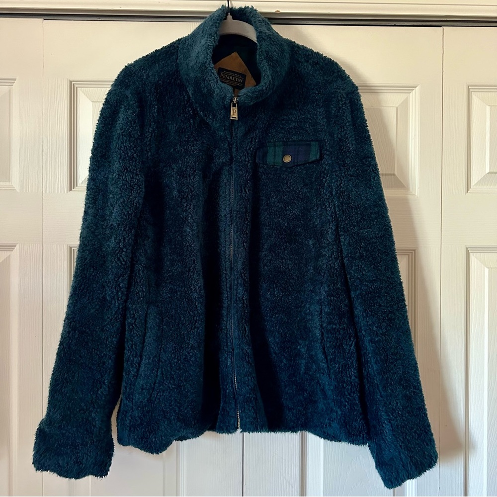 Pendleton Woolen Mills Teal Sherpa Teddy Pile Fleece Full Zip Jacket Plaid Sz XL